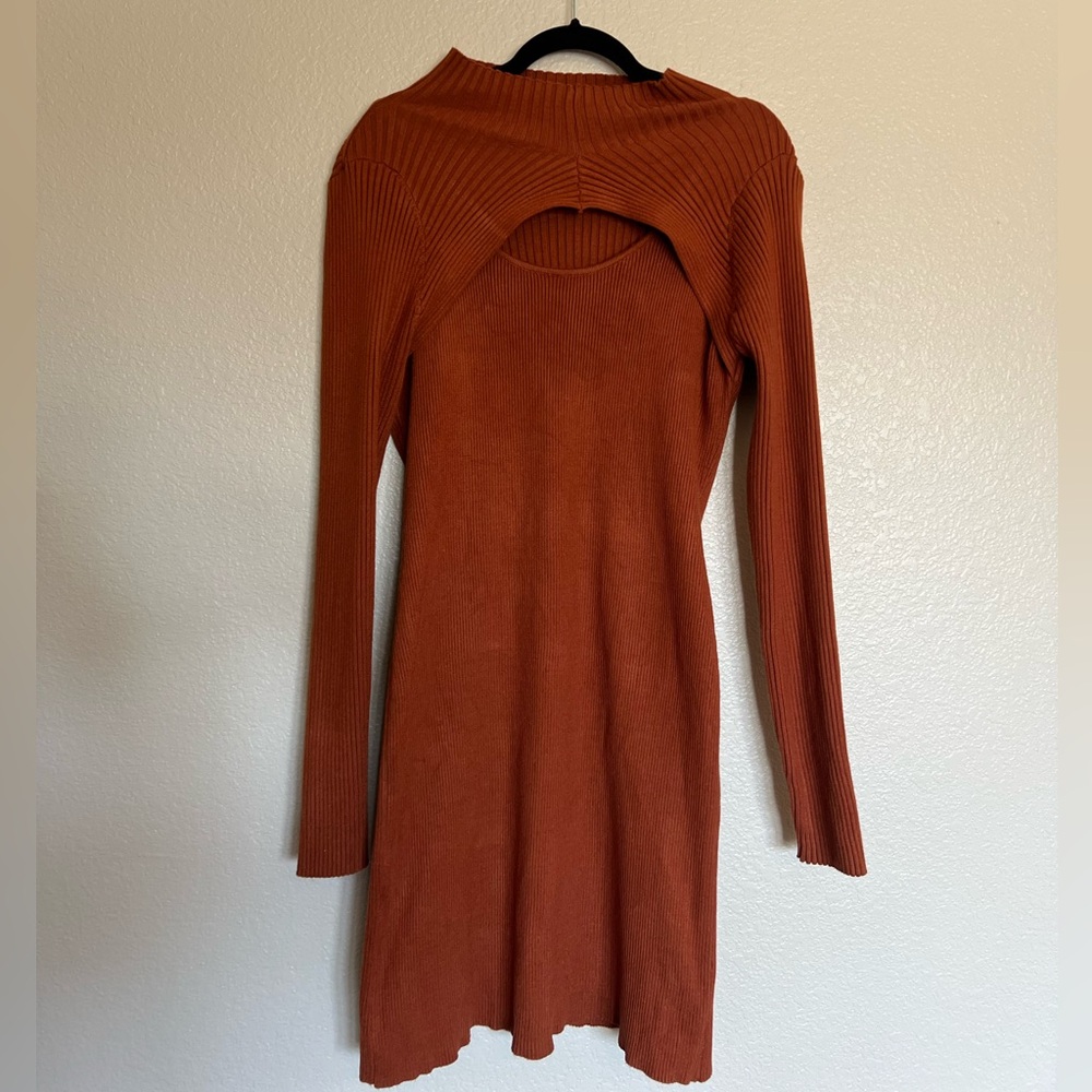 ANRABESS XL Ribbed Sweater Dress Mock Neck Cutout Rust Brown/orance